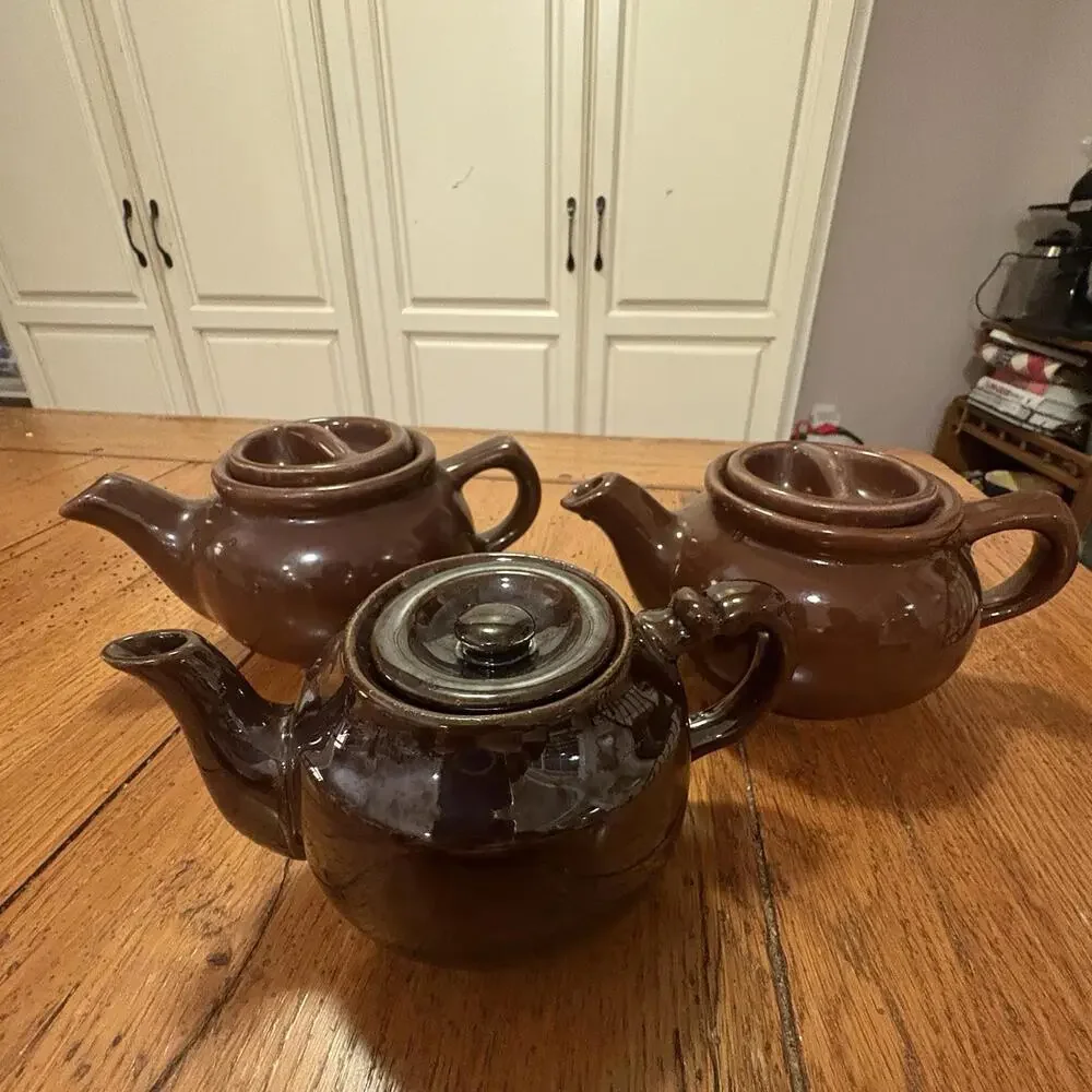 Brown Glaze Teapots Rustic‎ Vintage Unmarked Trio Mix And Match Cottage Cozy Tea